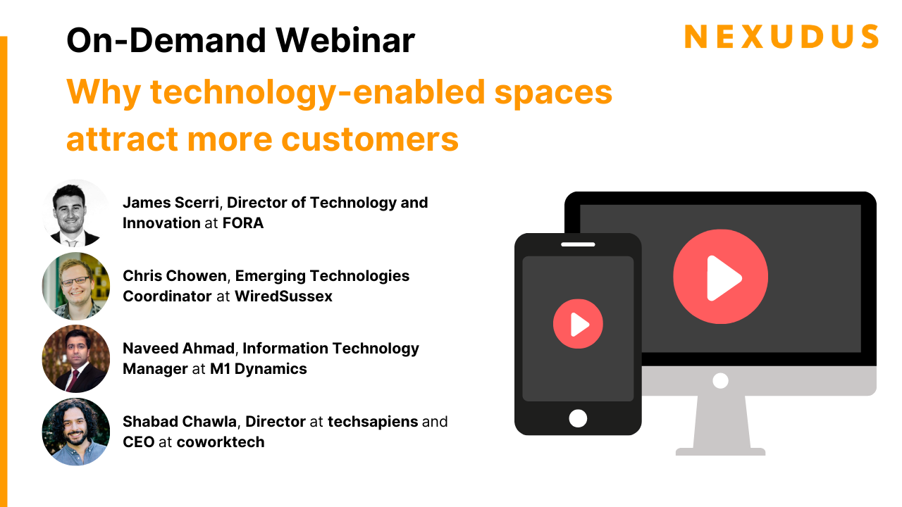 Nexudus On-Demand Webinars: Why technology-enabled spaces attract more customers. Graphic of phone and computer screen with a play button